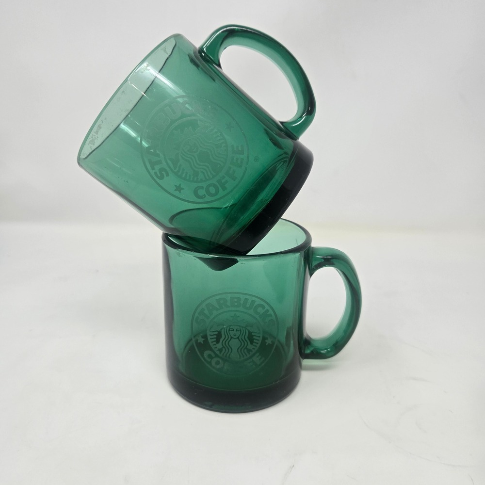 Starbucks Vintage Emerald Green Glass‎ Coffee Mugs Set of 2 Made in USA Logo